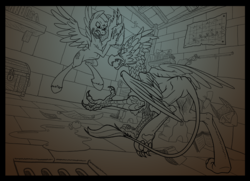 Size: 1281x927 | Tagged: safe, artist:wizardwannabe, oc, oc only, griffon, pegasus, pony, fanfic:the flight of the alicorn, fanfic art, fight, male, monochrome, musket, stallion, weapon