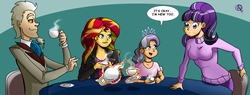 Size: 4163x1584 | Tagged: safe, artist:chillguydraws, diamond tiara, discord, starlight glimmer, sunset shimmer, human, g4, dialogue, food, group, high res, humanized, magic, quartet, tea, telekinesis