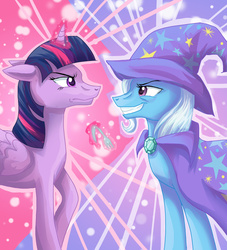 Size: 1024x1126 | Tagged: safe, artist:dangerblaze, trixie, twilight sparkle, alicorn, pony, g4, no second prances, female, fork, frown, grin, magic, mare, telekinesis, twilight sparkle (alicorn)