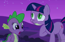 Size: 500x321 | Tagged: safe, edit, edited screencap, screencap, spike, twilight sparkle, g4, face swap, wat, what has science done