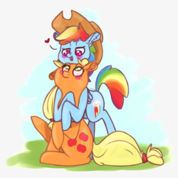 Size: 1024x1024 | Tagged: safe, artist:kyuuno-chan, applejack, rainbow dash, g4, accessory swap, applejack's hat, blushing, cowboy hat, female, hat, heart, hug, hug from behind, lesbian, ship:appledash, shipping