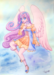 Size: 2032x2800 | Tagged: safe, artist:auriaslayer, princess flurry heart, human, g4, clothes, dress, female, high res, horn, horned humanization, humanized, older, older flurry heart, slender, solo, thin, traditional art, watercolor painting, winged humanization