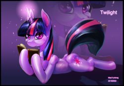 Size: 2854x1977 | Tagged: safe, artist:maxyunlong, twilight sparkle, pony, unicorn, g4, book, butt, cute, female, flank, hips, hoof hold, looking at you, mare, plot, smiling, solo, twiabetes