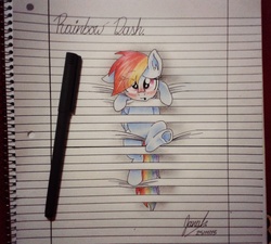 Size: 1710x1536 | Tagged: safe, artist:janadashie, rainbow dash, pegasus, pony, g4, blinds, blushing, eye clipping through hair, female, fourth wall, lined paper, looking at you, mare, pen, rainbow crash, solo, stuck, traditional art, underhoof