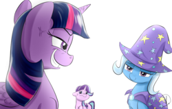 Size: 1700x1080 | Tagged: safe, artist:phuocthiencreation, starlight glimmer, trixie, twilight sparkle, alicorn, pony, g4, no second prances, cape, clothes, counterparts, cross-popping veins, dat face, dreamworks face, female, hat, looking at each other, magical trio, mare, rapeface, scene interpretation, simple background, smug, smuglight sparkle, twilight sparkle (alicorn), twilight's counterparts, white background, wizard hat