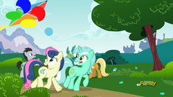 Size: 1249x699 | Tagged: safe, edit, edited screencap, screencap, apple cobbler, bon bon, lucky clover, lyra heartstrings, sweetie drops, g4, no second prances, apple family member, best friends, discovery family logo, super nintendo