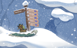 Size: 1920x1200 | Tagged: safe, artist:valcron, yuffie, yak, g4, party pooped, calf, horn, horn ring, sign, signs, sled, snow, snowfall, snowflake, solo, yak calf