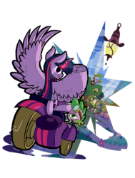 Size: 5000x6600 | Tagged: safe, artist:animation100, spike, twilight sparkle, alicorn, pony, g4, absurd resolution, bedroom eyes, clothes, female, golden oaks library, looking at you, mare, mares of harmony, motorcycle, rear view, sidecar, spread wings, twilight sparkle (alicorn)