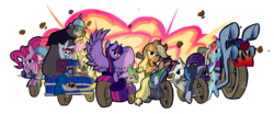 Size: 4800x2000 | Tagged: safe, artist:animation100, angel bunny, applejack, fluttershy, pinkie pie, rainbow dash, rarity, spike, twilight sparkle, alicorn, bear, beaver, ferret, mouse, pony, rabbit, seal, snake, squirrel, g4, animal, badass, bedroom eyes, butt, clothes, explosion, female, high res, jeans, jumpsuit, looking at you, mane seven, mane six, mare, mares of harmony, motorcycle, pants, plot, sidecar, tricycle, twilight sparkle (alicorn), underhoof