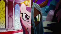 Size: 1920x1080 | Tagged: safe, artist:comric, queen chrysalis, changeling, changeling queen, g4, disguise, disguised changeling, fake cadance, female, split screen, two sides, wallpaper