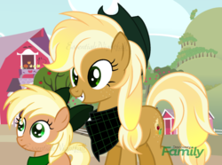 Size: 800x596 | Tagged: safe, artist:essentialnightfall, oc, oc only, oc:apple salary, oc:golden bits, bandana, bow, cowboy hat, discovery family logo, fake screencap, freckles, gap teeth, hair bow, hat, not applejack, offspring, parent:applejack, parent:trenderhoof, parents:trenderjack, siblings