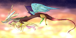 Size: 7200x3600 | Tagged: safe, artist:loladotz, discord, fluttershy, pony, g4, absurd resolution, blushing, female, flying, holding a pony, male, night sky, ship:discoshy, shipping, straight