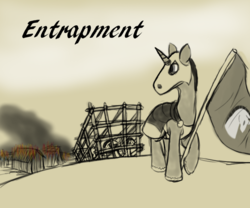 Size: 720x600 | Tagged: safe, artist:thebathwaterhero, pony, unicorn, series:entrapment, armor, cage, captive, cyoa, fire, flag, helmet, mask, prisoner, slaver, smoke, story included, title, title card, unicorn tribe