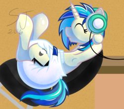 Size: 1024x896 | Tagged: safe, artist:slimeyjenkins, dj pon-3, vinyl scratch, g4, armpits, chair, diaper, female, headphones, legs in air, non-baby in diaper, poofy diaper, solo