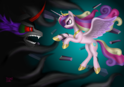 Size: 4960x3508 | Tagged: safe, artist:sstab29, king sombra, princess cadance, umbrum, g4, absurd resolution, fight