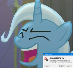 Size: 1001x932 | Tagged: safe, edit, screencap, trixie, pony, unicorn, g4, no second prances, big head, female, gimp, mare, microsoft windows, pun, scaling warning message, visual pun, wilber, windows 10