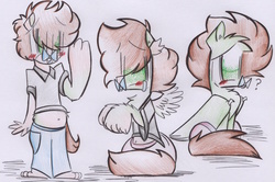 Size: 1436x955 | Tagged: safe, artist:fizzbuzz3456, oc, oc only, oc:northern haste, human, age regression, blushing, commission, crying, human to pony, pacifier, question mark, solo, traditional art, transformation