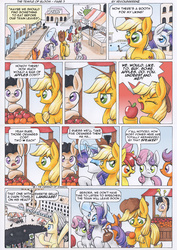 Size: 3490x4940 | Tagged: safe, artist:xeviousgreenii, apple bloom, applejack, rarity, scootaloo, sweetie belle, comic:the temple of bloom, g4, absurd resolution, apple, comic, cutie mark crusaders, food, orange, traditional art