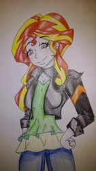 Size: 1440x2560 | Tagged: safe, artist:rikkute98, sunset shimmer, equestria girls, g4, clothes, cute, female, human coloration, jacket, leather jacket, pants, shimmerbetes, smiling, solo, traditional art