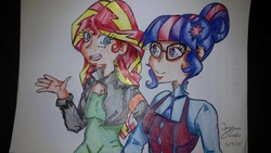 Size: 1200x675 | Tagged: safe, artist:rikkute98, sci-twi, sunset shimmer, twilight sparkle, equestria girls, g4, clothes, glasses, human coloration, jacket, leather jacket, signature, traditional art