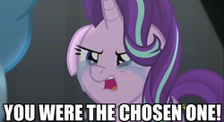 Size: 2535x1385 | Tagged: safe, screencap, starlight glimmer, trixie, pony, unicorn, g4, no second prances, crying, discussion in the comments, female, image macro, mare, meme, sad, sadlight glimmer, star wars, star wars: revenge of the sith, text