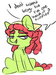 Size: 570x761 | Tagged: safe, artist:nobody, tree hugger, pony, g4, bandana, bedroom eyes, chest fluff, dialogue, female, sitting, smiling, solo, speech bubble