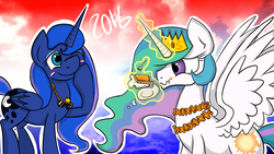 Size: 1920x1080 | Tagged: safe, artist:heedheed, princess celestia, princess luna, g4, cake, food, magic, messy eating, smiling, spread wings, sunglasses, telekinesis, tompouce, wavy mouth