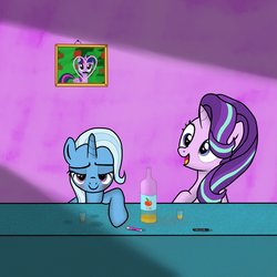 Size: 1500x1500 | Tagged: safe, artist:samey90, starlight glimmer, trixie, twilight sparkle, alicorn, pony, g4, bedroom eyes, blushing, bottle, crayon, drunk, female, heart, mare, moustache, picture, shot glass, stains, the great and intoxicated trixie, twilight sparkle (alicorn)