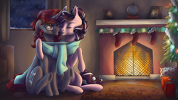 Size: 1920x1080 | Tagged: safe, artist:ebonytails, oc, oc only, oc:curse word, oc:magpie, pony, unicorn, boop, clothes, cute, female, fireplace, hearth's warming eve, lesbian, noseboop, present, scarf, shared clothing, shared scarf, stockings