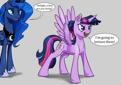 Size: 1280x903 | Tagged: safe, artist:silfoe, princess luna, twilight sparkle, alicorn, pony, royal sketchbook, g4, dialogue, duo, female, gray background, implied lesbian, mare, open mouth, shadow, simple background, smiling, speech bubble, spread wings, talking, twilight sparkle (alicorn)