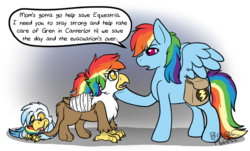 Size: 859x520 | Tagged: safe, artist:breezepleeze, rainbow dash, oc, oc:gren, oc:rainbow feather, classical hippogriff, griffon, hippogriff, g4, brother and sister, cute, dialogue, family, interspecies offspring, magical lesbian spawn, mother and daughter, mother and son, offspring, parent:gilda, parent:rainbow dash, parents:gildash, saddle bag, serious