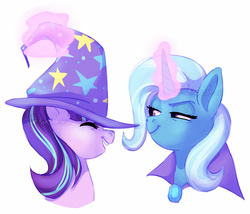 Size: 1600x1372 | Tagged: safe, artist:whisperseas, starlight glimmer, trixie, pony, unicorn, g4, no second prances, accessory swap, bust, duo, eyes closed, female, lidded eyes, magic, mare, portrait, simple background, telekinesis, watermark