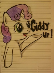 Size: 1224x1632 | Tagged: safe, artist:jackblackde, sweetie belle, g4, female, giddy up, lined paper, open mouth, solo, traditional art