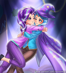 Size: 700x776 | Tagged: safe, artist:racoonsan, starlight glimmer, trixie, human, no second prances, cape, clothes, coat, cute, duo, female, hat, horned humanization, horns are touching, hug, humanized, lesbian, one eye closed, pants, patreon, scene interpretation, shipping, smiling, startrix, trixie's cape, trixie's hat, wizard, wizard hat