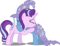 Size: 1285x1000 | Tagged: safe, artist:seahawk270, starlight glimmer, trixie, pony, unicorn, g4, no second prances, cape, clothes, eyes closed, female, hat, hug, mare, simple background, torn clothes, transparent background, vector, wizard hat
