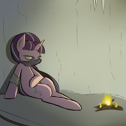 Size: 2000x2000 | Tagged: source needed, safe, artist:pandramodo, starlight glimmer, g4, campfire, cave, clothes, female, high res, scarf, solo