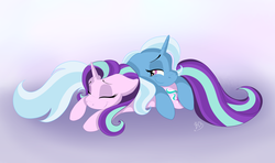 Size: 4276x2533 | Tagged: safe, artist:black-cat-kira, starlight glimmer, trixie, pony, unicorn, g4, no second prances, cute, duo, eyes closed, female, high res, lesbian, mare, ship:startrix, shipping, sleeping