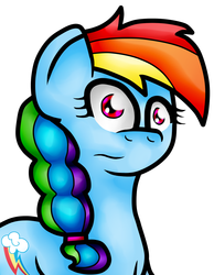 Size: 1366x1759 | Tagged: safe, alternate version, anonymous artist, edit, rainbow dash, earth pony, pegasus, pony, g4, alternate hairstyle, backwards cutie mark, braid, bust, female, mare, ponytail, portrait, simple background, solo, white background