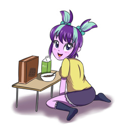 Size: 3507x3472 | Tagged: safe, artist:sumin6301, starlight glimmer, equestria girls, g4, box, breakfast, cereal, clothes, cute, equestria girls-ified, female, food, glimmerbetes, high res, milk, missing shoes, moe, open mouth, pigtails, simple background, sitting, skirt, socks, solo, spoon, table, white background, younger
