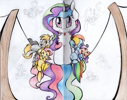 Size: 3728x2935 | Tagged: safe, artist:cutepencilcase, derpy hooves, fluttershy, princess celestia, rainbow dash, scootaloo, pegasus, pony, g4, behaving like a bird, female, for the birds, high res, mare, parody, pixar, tongue out, traditional art, wires