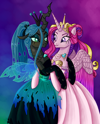 Size: 2648x3264 | Tagged: dead source, safe, artist:aurora69rainbow, princess cadance, queen chrysalis, alicorn, changeling, pony, g4, alternate hairstyle, bipedal, blushing, clothes, crystal heart, dress, female, high res, hug, lesbian, necklace, ponytail, ship:cadalis, shipping