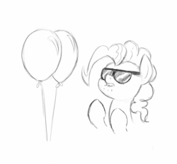 Size: 1080x1003 | Tagged: safe, artist:trickydick, pinkie pie, g4, balloon, balloon fetish, female, fetish, monochrome, party balloon, solo, sunglasses, that pony sure does love balloons