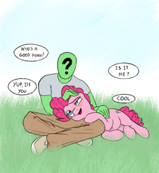 Size: 720x785 | Tagged: safe, artist:trickydick, pinkie pie, oc, oc:anon, earth pony, human, pony, g4, cute, dialogue, diapinkes, ear scratch, female, human on pony petting, male, mare, open mouth, petting, who's a good pony