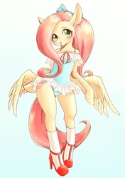 Size: 2039x2894 | Tagged: safe, artist:unousaya, fluttershy, pegasus, semi-anthro, g4, arm hooves, blushing, bowtie, butt wings, clothes, cute, female, flattershy, fluttershy leotard, high heels, high res, leotard, looking at you, one-piece swimsuit, open mouth, shyabetes, socks, solo, string bow tie, swimsuit