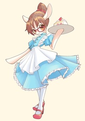 Size: 2039x2894 | Tagged: safe, artist:unousaya, writing desk, semi-anthro, g4, arm hooves, blue dress, cake, clothes, cute, dress, food, glasses, high res, red shoes, solo, waitress