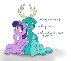 Size: 1950x1680 | Tagged: safe, artist:wizardski, twilight sparkle, oc, oc:teal deer, alicorn, deer, pony, g4, :>, blushing, canon x oc, chest fluff, cute, eye shimmer, female, floppy ears, male, mare, non-mlp oc, shipping, spots, straight, that was fast, tsundere, twiabetes, twilight sparkle (alicorn), wingding eyes