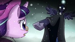 Size: 1920x1080 | Tagged: safe, artist:mlp-firefox5013, princess luna, snowfall frost, spirit of hearth's warming yet to come, starlight glimmer, a hearth's warming tail, g4, cloak, clothes, glowing horn, hat, horn, monocle, open mouth, pointing, scene interpretation, signature, top hat