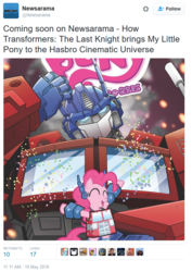 Size: 592x836 | Tagged: safe, pinkie pie, g4, meta, optimus prime, text, transformers, transformers 5, transformers: the last knight, twitter