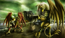 Size: 1250x735 | Tagged: safe, artist:jamescorck, gilda, greta, griffon, fallout equestria, g4, armor, city, clothes, commission, floating, signature, sunglasses, weapon