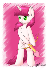 Size: 3069x4403 | Tagged: safe, artist:icy wings, lovestruck, pony, unicorn, semi-anthro, g4, arrow, bow (weapon), bow and arrow, cupid, female, heart arrow, high res, solo, weapon